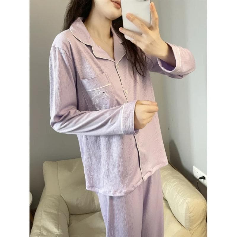 Women's Pajamas New Autumn Spring Long Sleeve Soft Sleepwear Set Solid Color Cartoon Pyjama Woman Home Nightwear Set Cardigan XXL