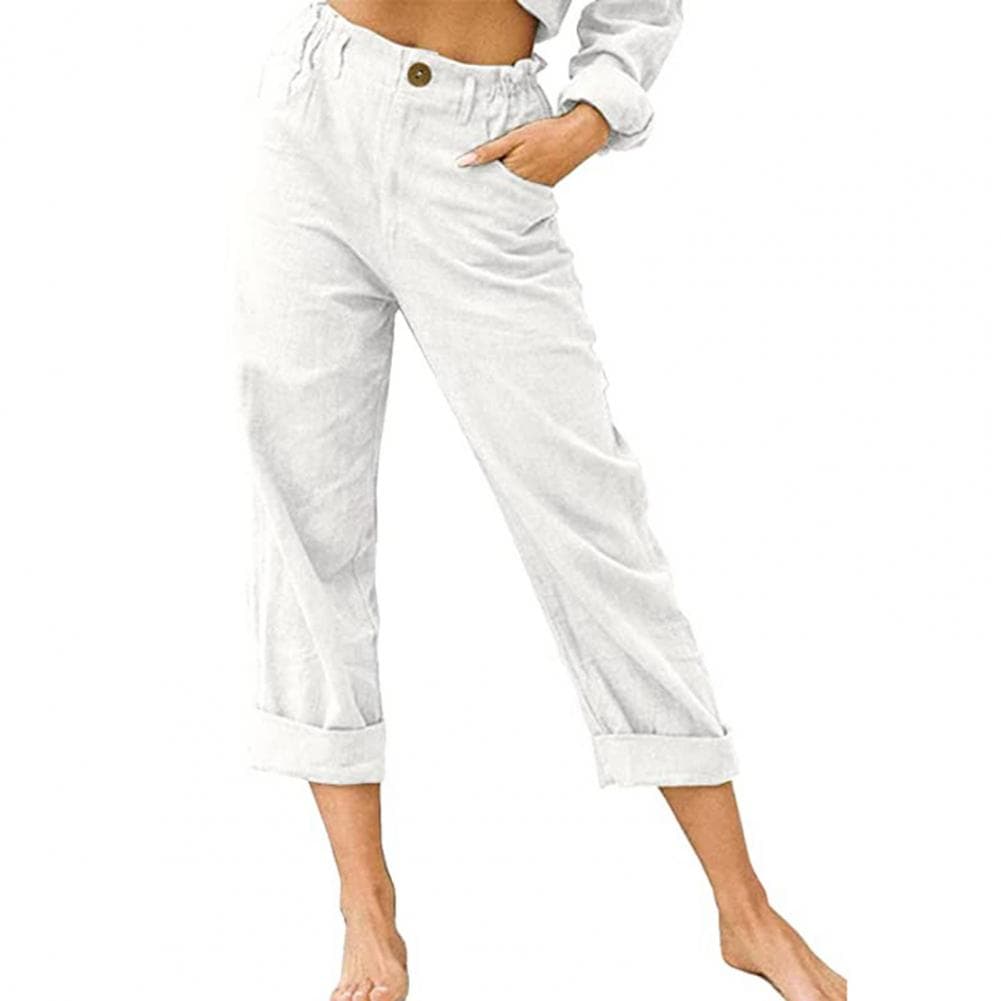 Women Long Pants Elastic High Waist Button Zipper Fly Casual Trousers Solid Color Straight Fit Loose Pants with Pockets S white