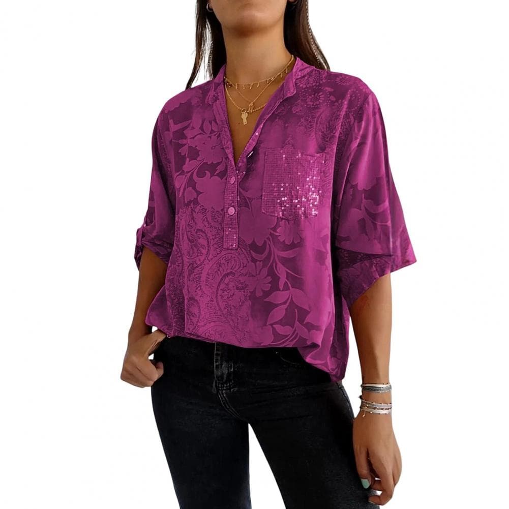 Women Summer Shirt V-neck Lapel Half Sleeve Pullover Tops Printing Buttons Half Placket Sequins Patch Pocket Loose Shirt XL purplish red