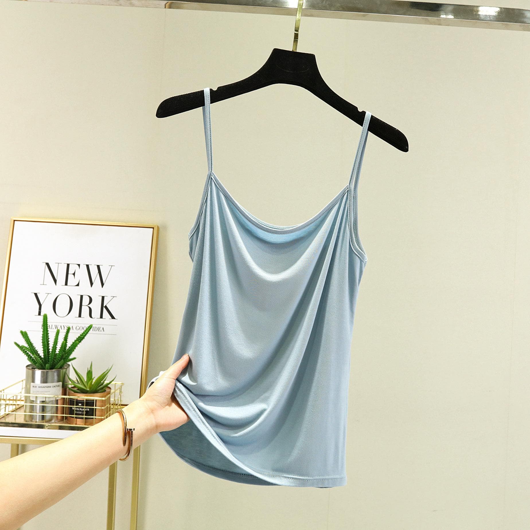 Modal Spaghetti Strap Tops Basic Camis Sleeveless Tank Top Solid color Women summer Camisole all match 2XL light blue