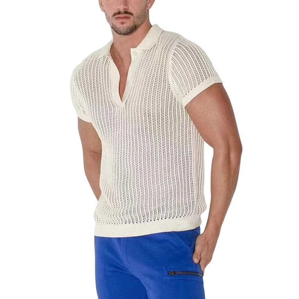 Summer Men Top Hollow Out Knitted Half-opening V Neck Loose See-through Solid Color Short Sleeves Sport Fitness Club Shirt M white