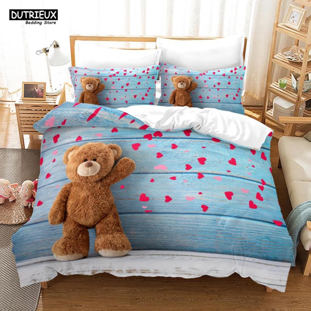 3D Teddy Bear Bedding Set White Polar Bear Bed Linen Teens Women Single Twin Queen King Full Size Duvet Cover 2/3pcs Bedclothes US Full(200x230cm)
