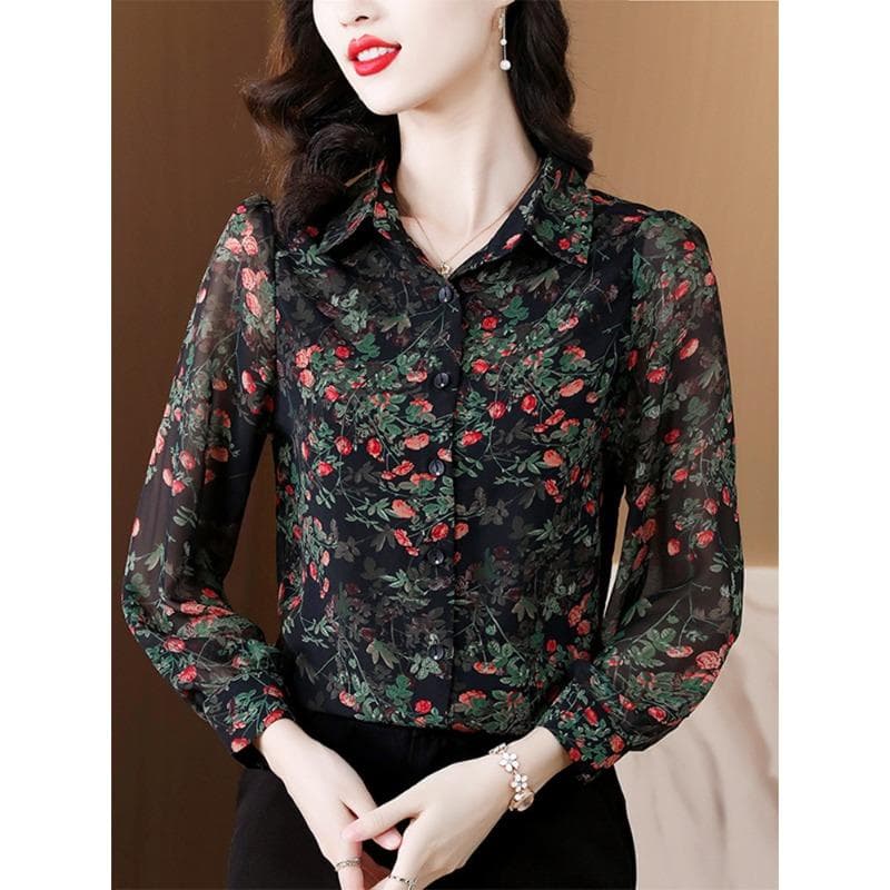 New Style Middle-aged Mother Fashionable Autumn Clothes Floral Long-sleeved Shirt Temperament Commuting Polo Collar Loose Top for Women 3XL
