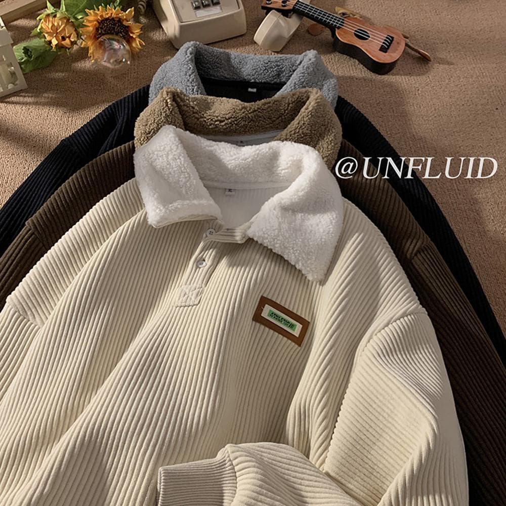 Men's Corduroy Polo Collar Sweatshirt with Lamb Wool Lining - Autumn/Winter Style XXL off-white