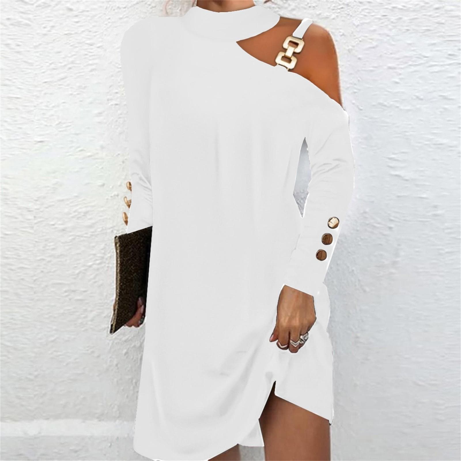 Women's Casual Solid Color Slim Fit Round Neck Off Shoulder Long Sleeve Dress XL white