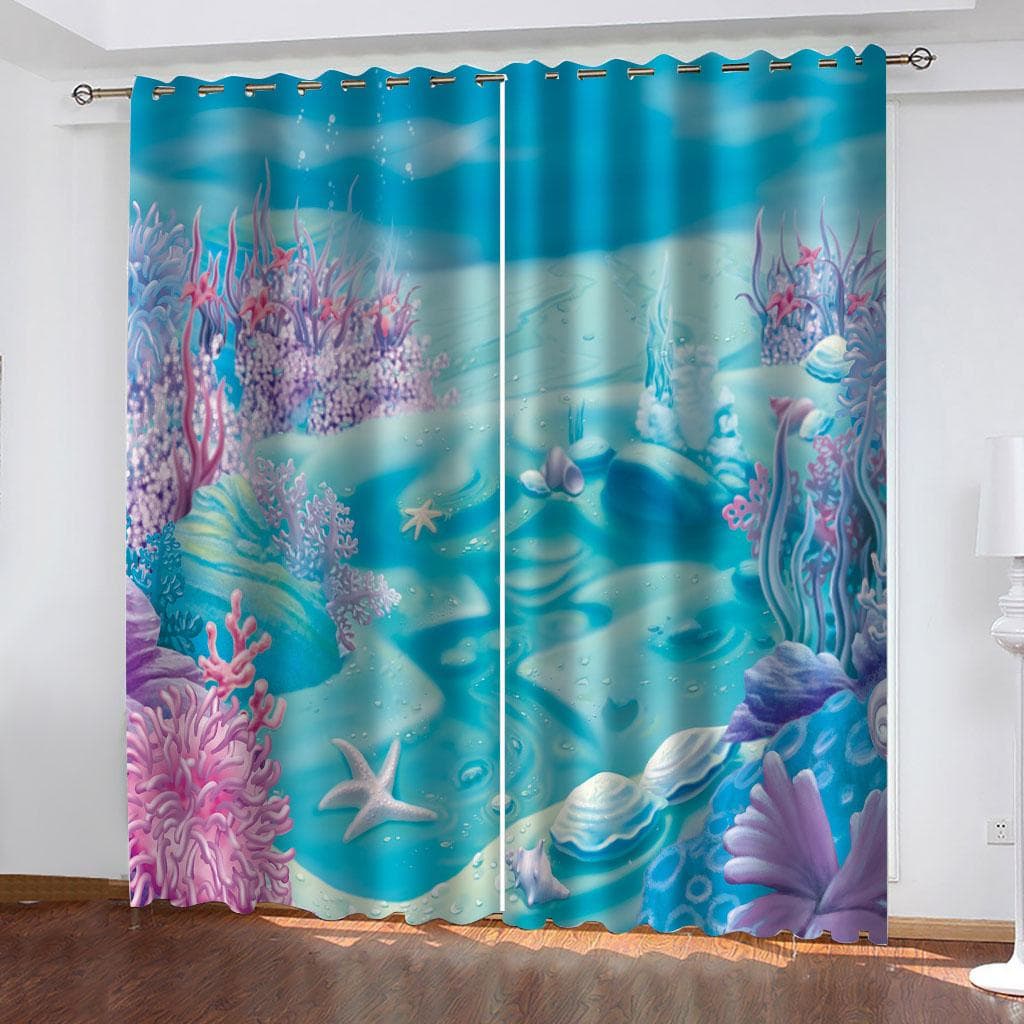 Curtains For Large Windows Of Living Room 3D Underwater Sea Animals 2 Pc High Blackout Perforated Curtains For House Rooms W100xH200cmx2&Grommet Top