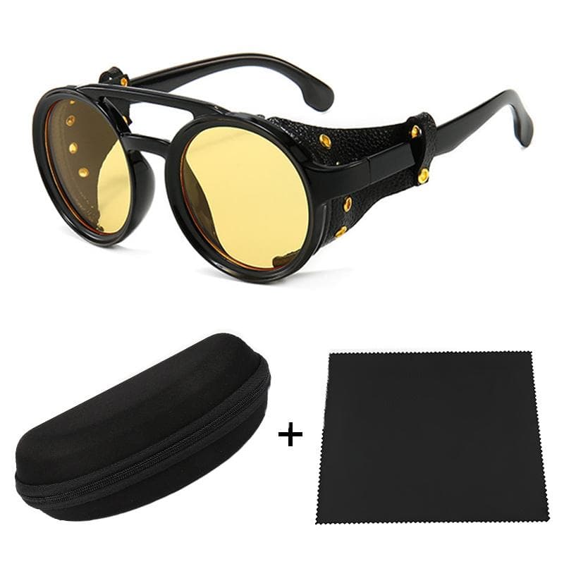 Men's Steampunk Sunglasses UV400 Protection Circular Frame Outdoor Riding Glasses with Zipper Box and Eyewear Fabric