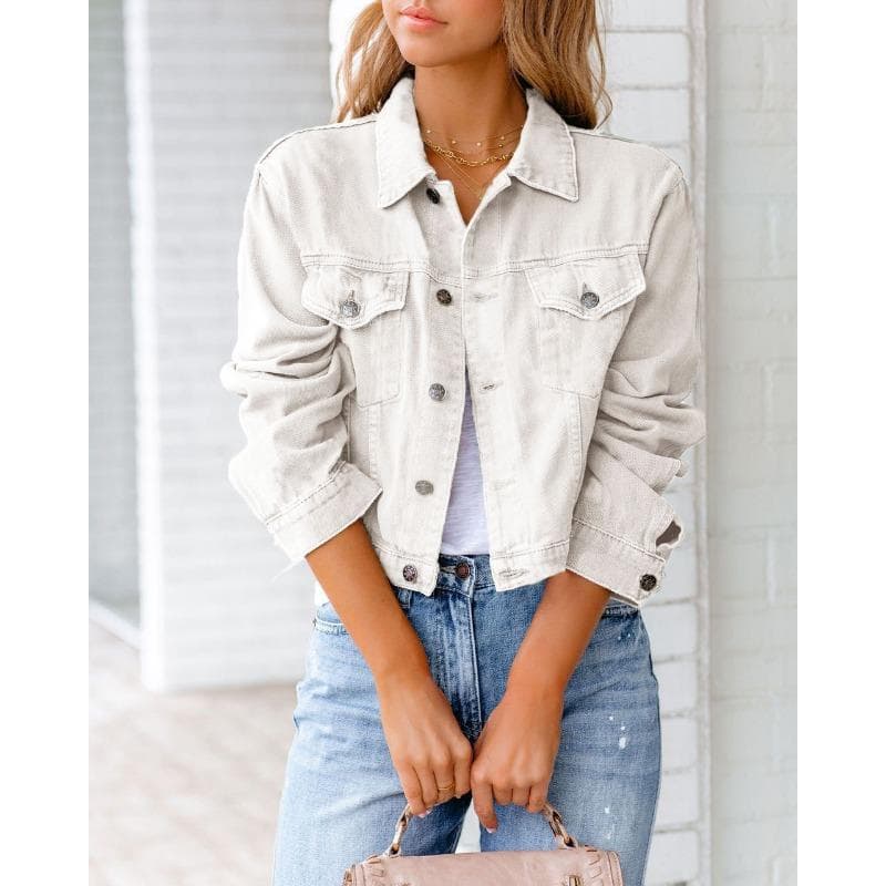 Spring and Autumn Women's Denim Jacket Long Sleeve Jacket Top L white
