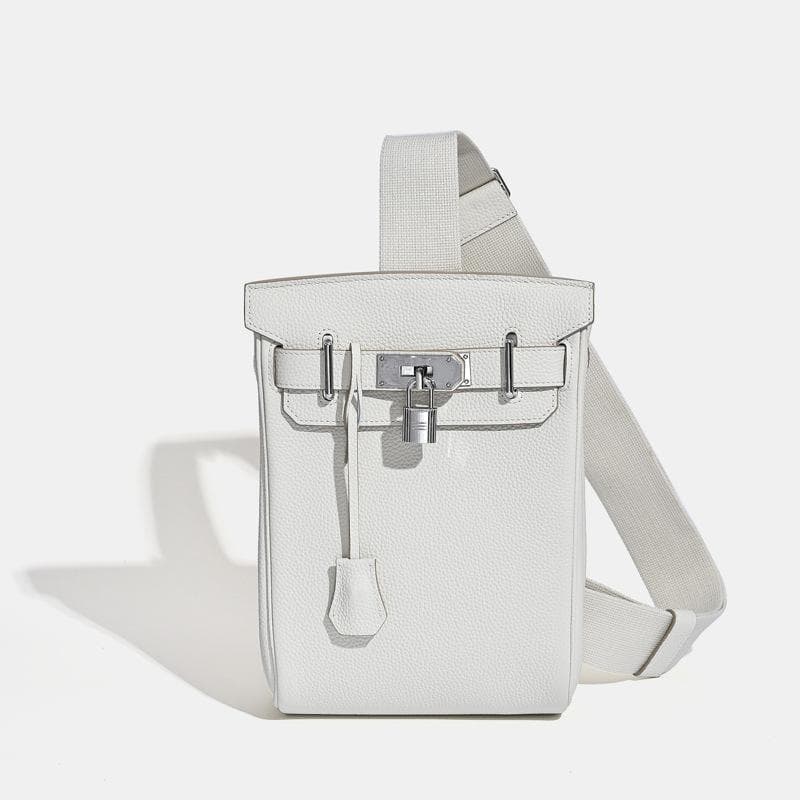 2025 New Unisex Top Layer Cowhide Chest Bag Shoulder Bag Genuine Leather Backpack With Lock Hanging Decoration 17 x 8 x 27CM+silver buckle white
