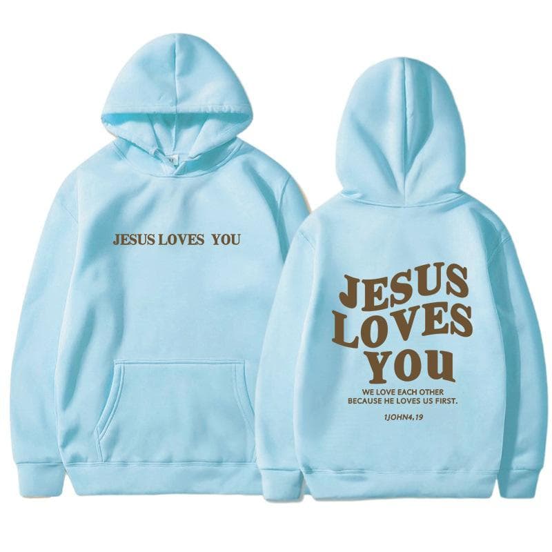 Jesus Loves You Oversized Graphic Hoodie Women Hip Hop Vintage Hooded Sweatshirts Pullover Tops For Women Trendy Aesthetic Top L sky blue