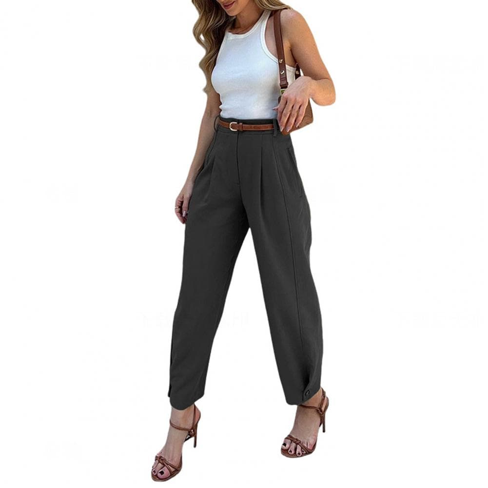 Women Suit Pants High Waist Buttons Zipper Fly Loose-Fit Solid Color Trousers with Pockets Commuting Style Long Pants L black