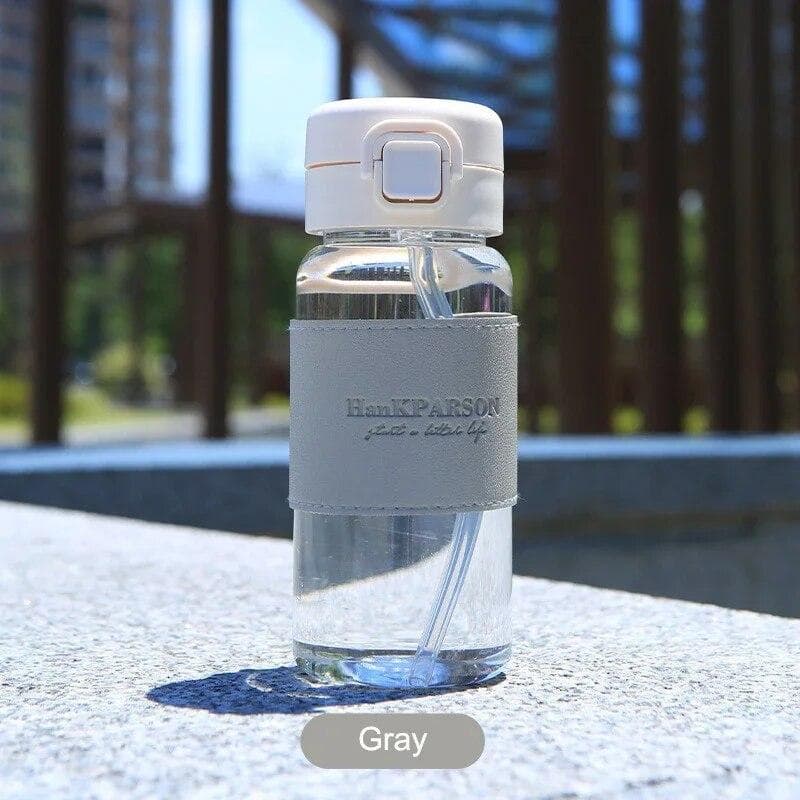 1Pc Creative Water Bottle with Straw Portable Cute Plastic Drinking Bottle Leak-proof Drinkware for Drinking Milk Coffee Tea 400ml grey