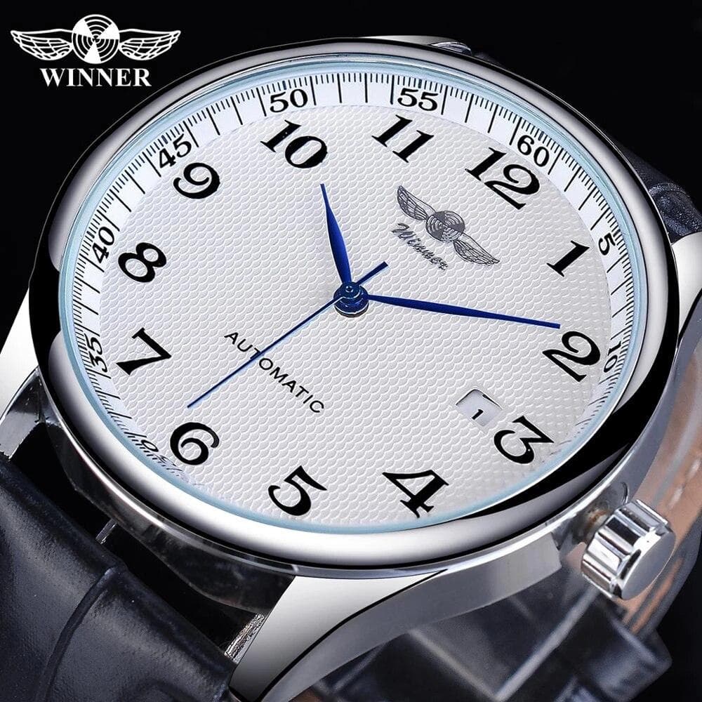 Winner Black Date Automatic Watch Leather Band Business Sports Watches Top Brand Luxury Men's Fashion Casual Mechanical Clock None white