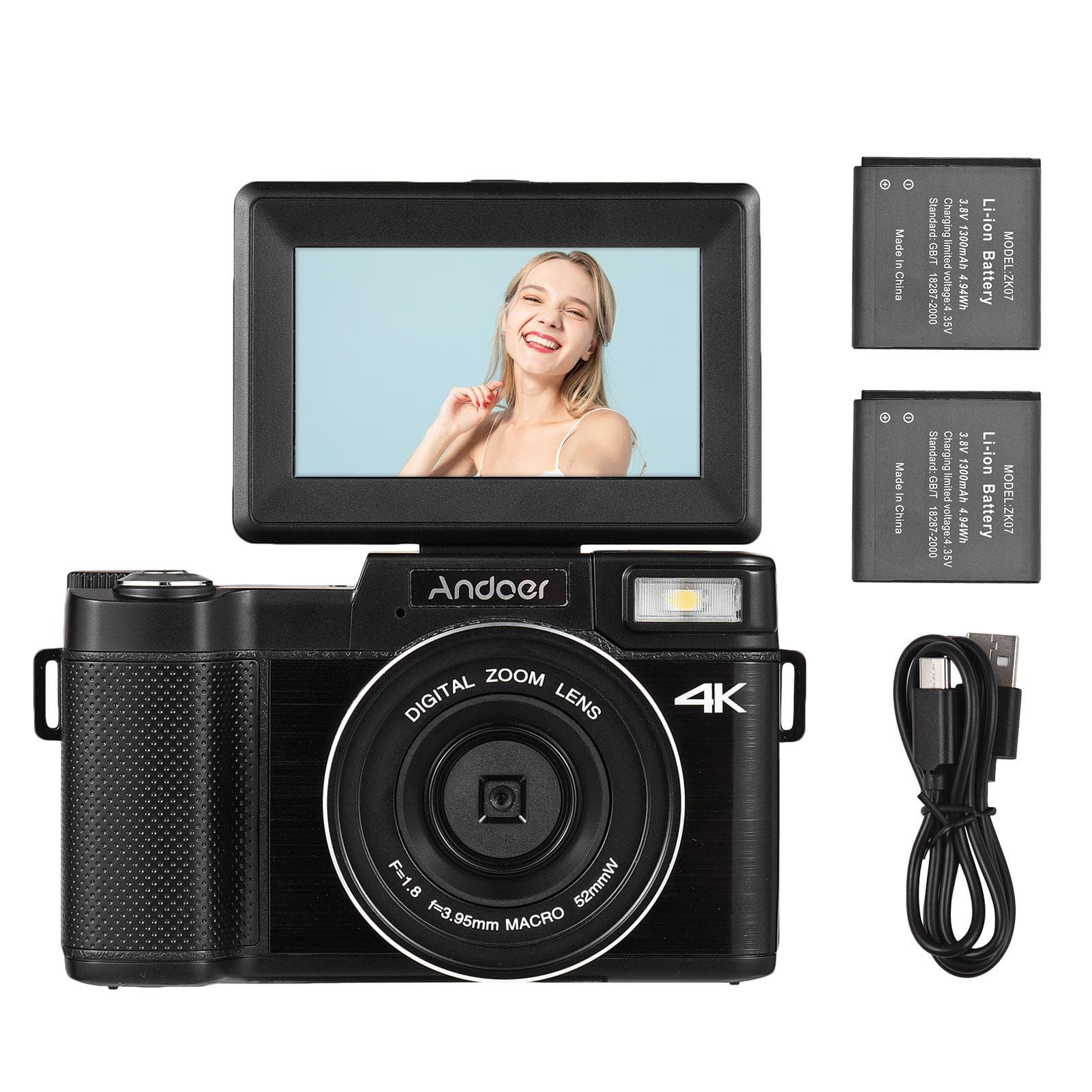 Andoer Portable Digital Camera with 3.0-inch TFT Rotatable Screen 48MP 4K Ultra HD 16X Zoom Support black