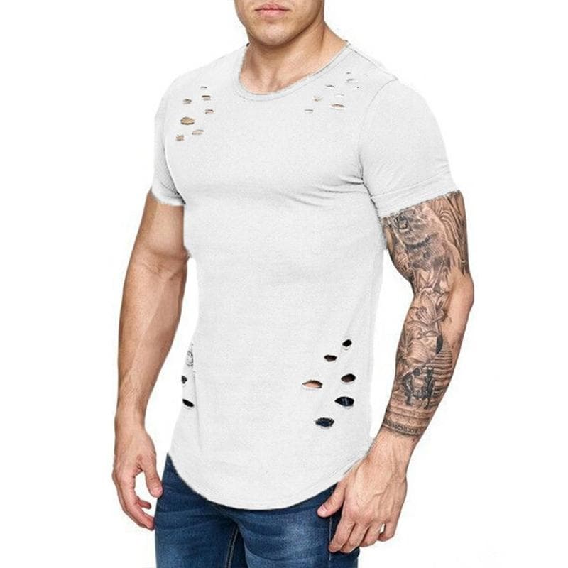 Summer T-Shirt Men Fashion Hole Distressed Fitness T Shirt Short Sleeve Solid Slim Fit Hip Hop T-shirt Yasheng M white
