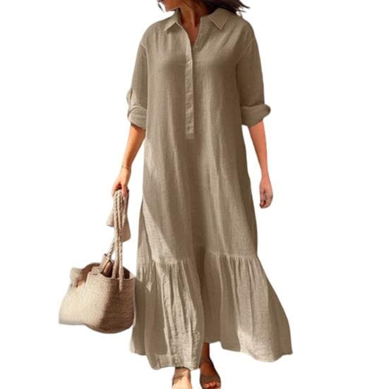 Women's Cotton Linen Shirt Dress Long Sleeve V Neck Button Up Maxi Dress Casual Plus Size Flowy Long Dress M khaki