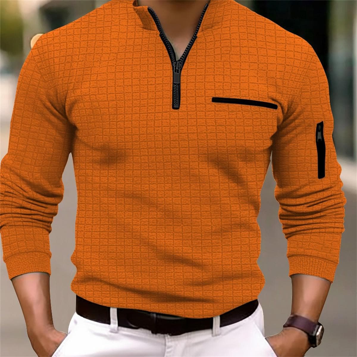 Men's Spring and Autumn Fashion Casual T-shirt Men's Checkerboard Checked POLO Shirt Arm Zipper Sports Polo Shirt M orange