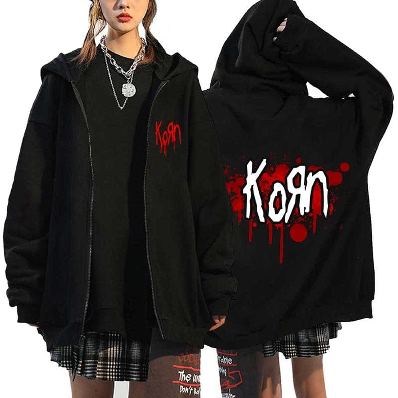 Korn Rock Band Print Zipper Hoodies Metal Music Men's Zip Up Jackets Hip Hop Streetwear Sweatshirts Unisex Y2K Cardigan Coats S