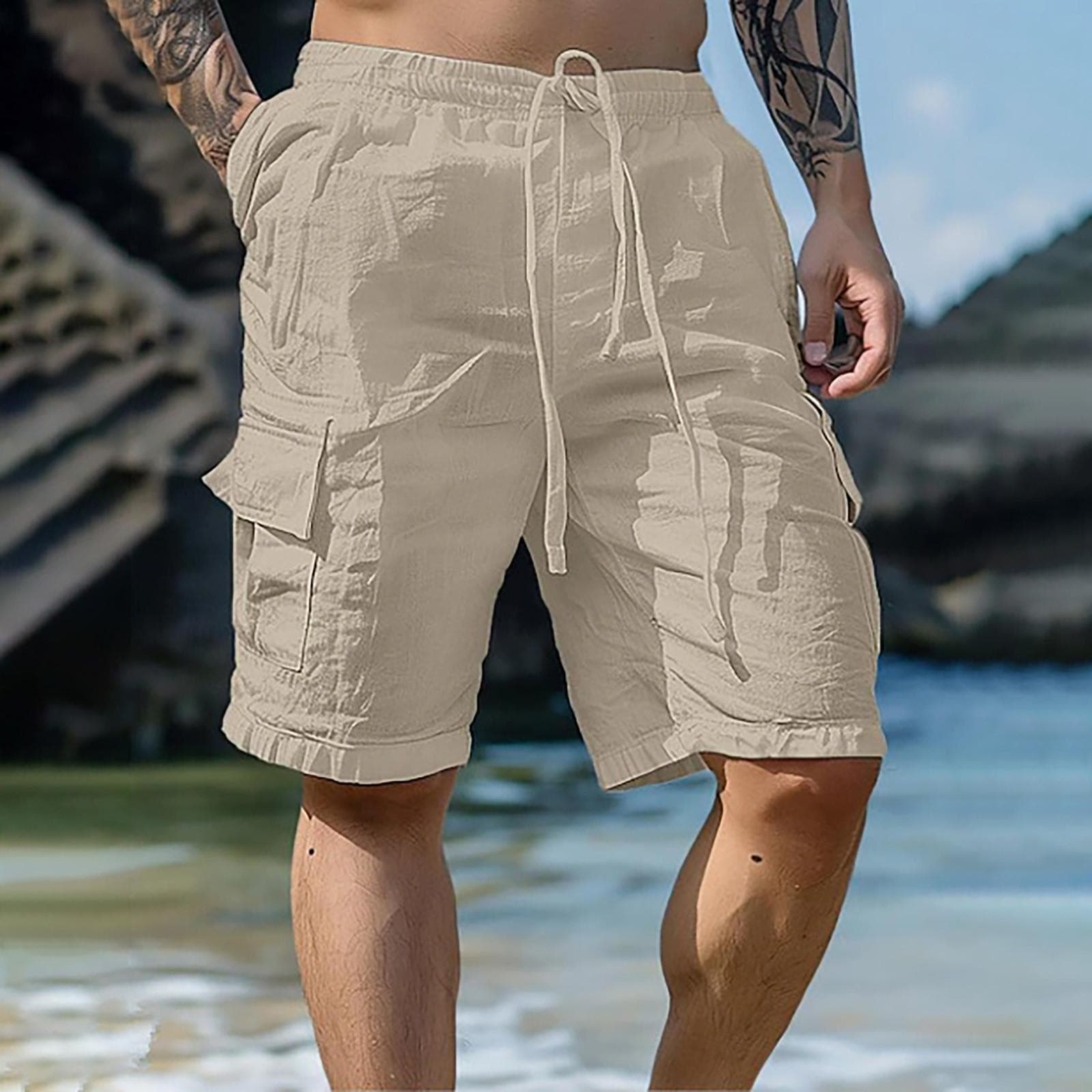 Men's Sports Cotton Linen Casual Loose Shorts Casual Pajamas Pocket Jogging Shorts Pants XL khaki