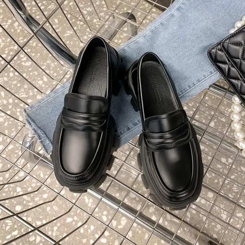 Women's Leather Shoes Casual Shoes Autumn Winter Shoes Thick-soled Loafers 34 black