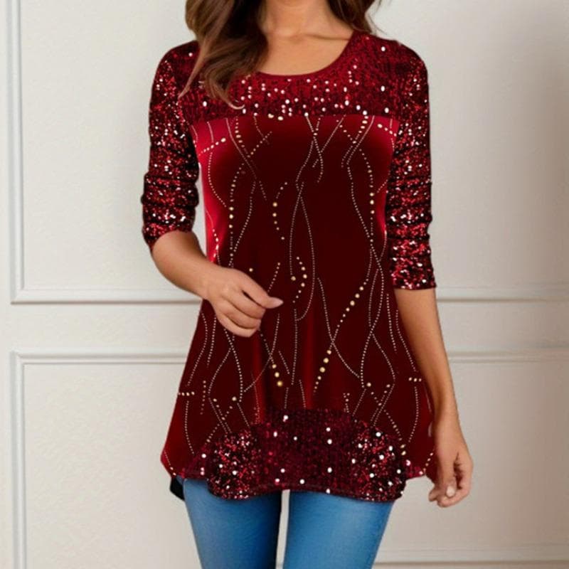YYFS Women's Fashion Casual Spring Fall Flower Pattern Print Long Sleeve O-Neck Blouses & Shirts M red