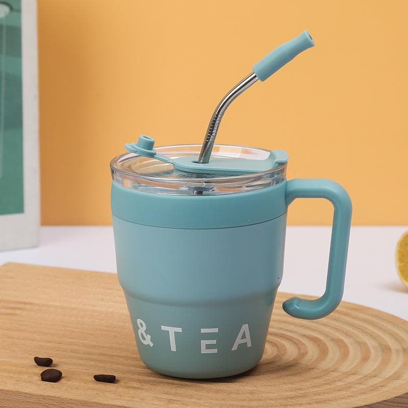 480ml Coffee Cup with Straw Lid Stainless Steel Thermos Mug for Hot Cold Drinks Water Tea Milk Office Outdoor Portable Bottle 480ml blue