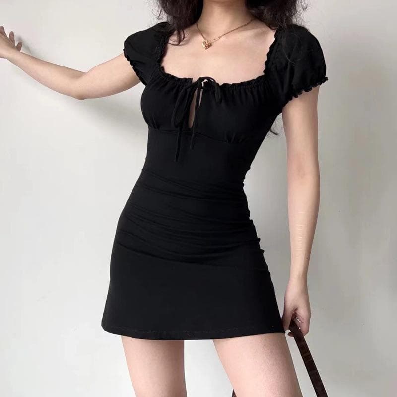 American Retro Chest Hollow Lace-up Bubble Sleeve Dress Women's Summer Square Neck Waist Skirt XL black