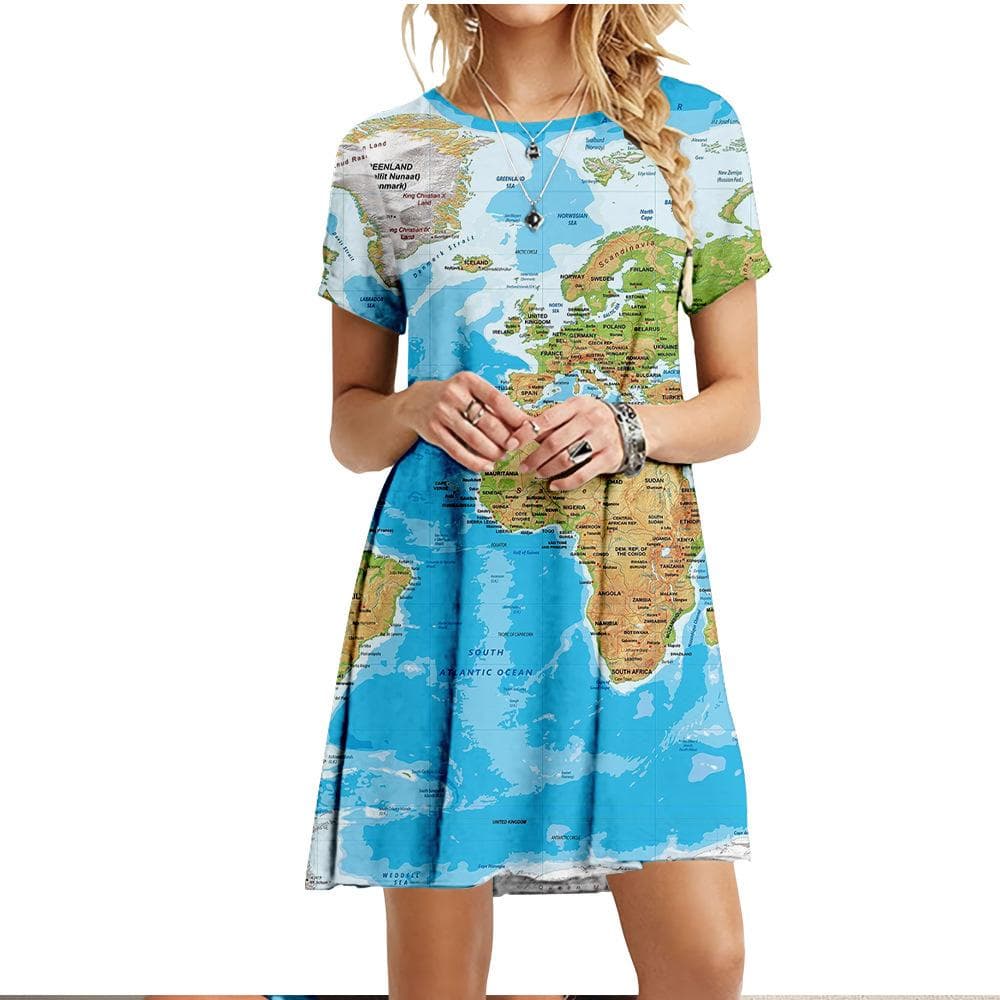 New Clothing For Summer Women World Map Dress Casual O-Neck Short Sleeve Loose Oversize Dress Fashion Ladies 3D Printed Dresses XS