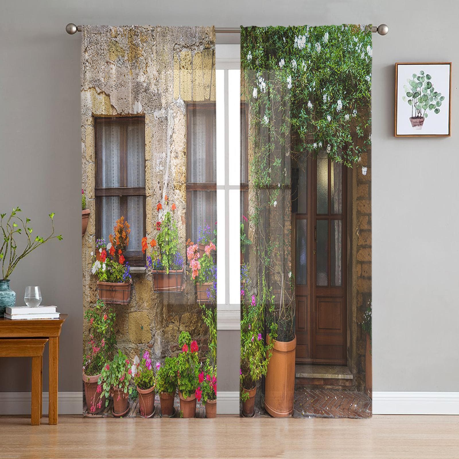 Italian Town Street Sheer Curtains for Living Room Transparent Tulle Window Treatments Bedroom Kitchen Home Decor Veil Drapes 135W x 114H(cm)