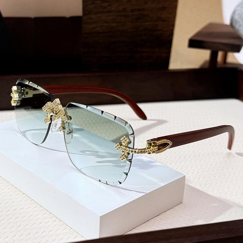Cross Town Diamond Sunglasses Men'S Gypsy Golden Minute Frameless Sunglasses Decorative Wood Grain