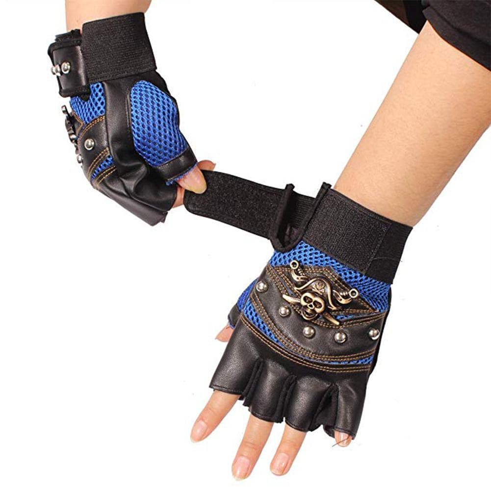 1 Pair Artificial Leather Rivets Pirate Skeleton Gloves Punk Half Finger Gloves Men s Gloves for blue