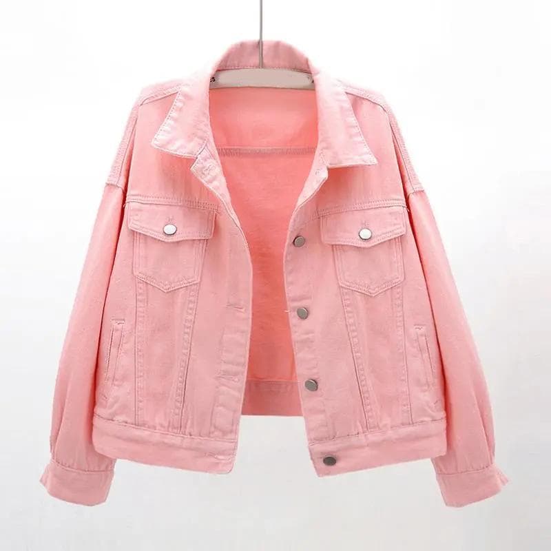 Spring Color Denim Jacket Women's Short Women's Denim Jackets Autumn  Streetwear Coat  Long Sleeved Jacket for Students XS pink