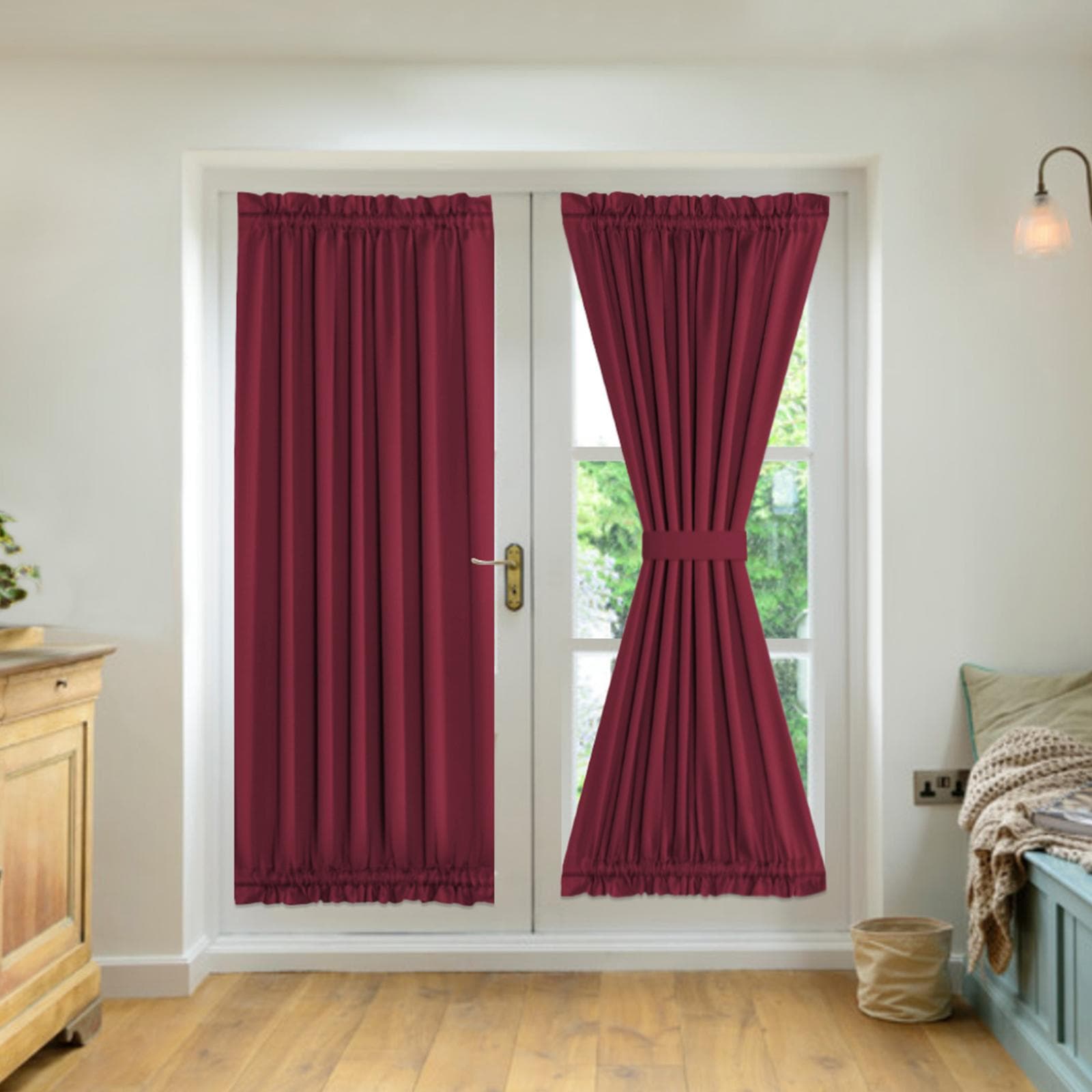 2 Panel French Door Curtains With Rod Pocket Tieback Indoor Sun Blocking Privacy Grommet Curtains dark red