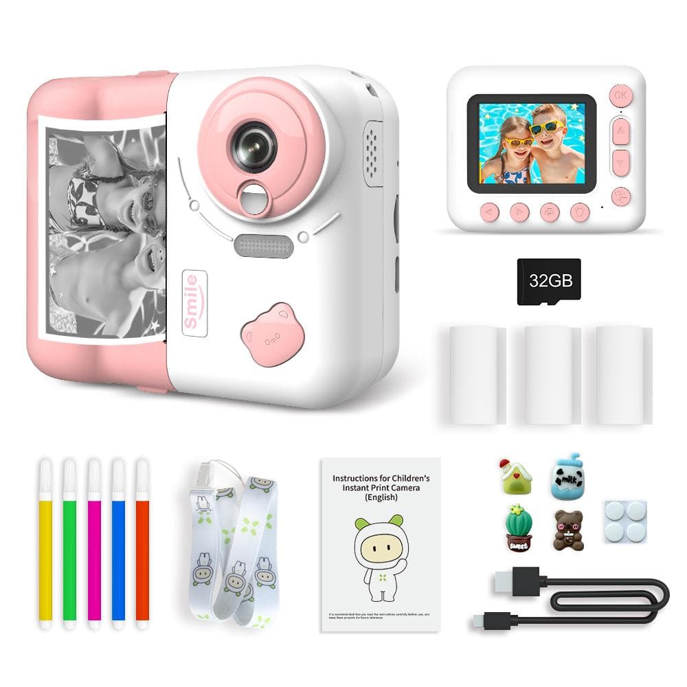 Kids Instant Print Camera Kids Camera 1080P Digital Camera for Kids 2.4 Inch IPS Screen 10X Zoom pink