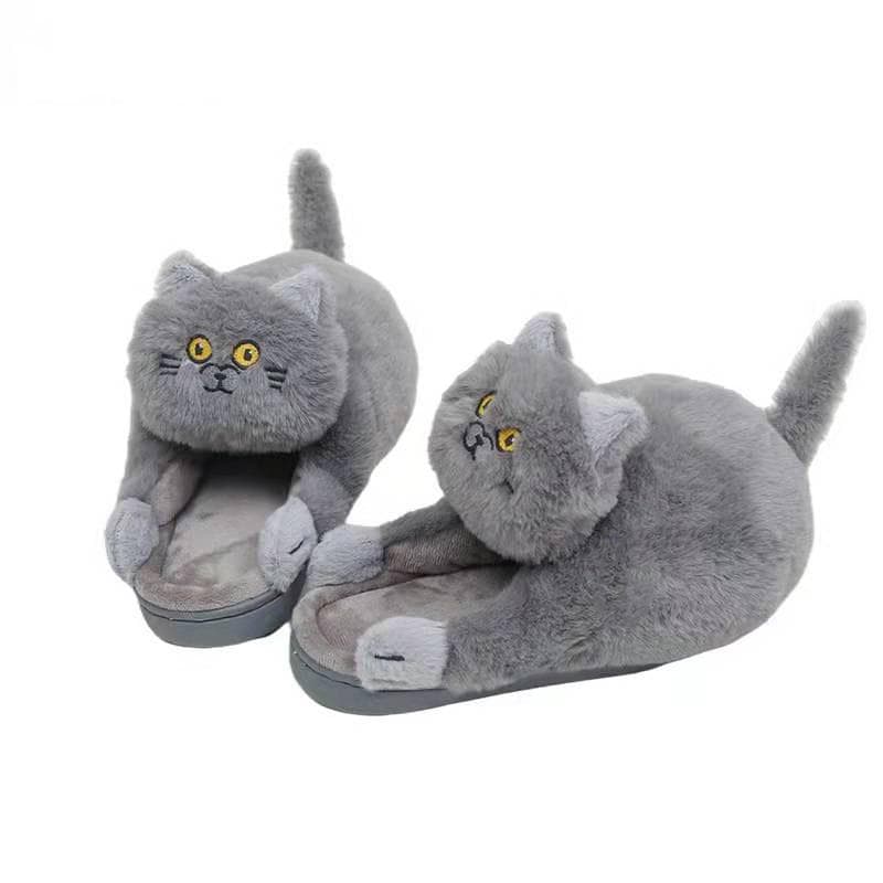 Cosy Cute British Shorthair Cat Slippers For Women Men Who Loves Kitty Indoor Fluffy Plush Home Shoes Fur Slides Mules Slippers CN 44-45 gray