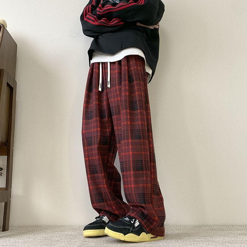Women Men's y2k Casual Plaid Pants Sweatpants Wide Leg Baggy Track Pants Vintage Korean Style Clothes Trousers Streetwear Men S red
