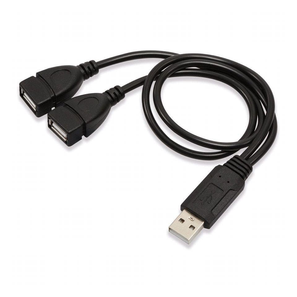 Dual Female USB Extension Cable: One Male to Two Female Splitter for Data and Charging. One male and two females, 0.3 meters long black