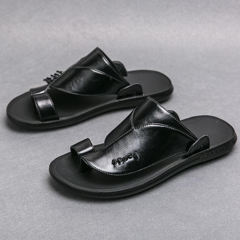 Fashion Slippers For Men Leather outdoor Luxury Flats Summer Beach Soft Casual Outside Sandals For Mens Home Slipper Sandalias Shoes 10.5 black