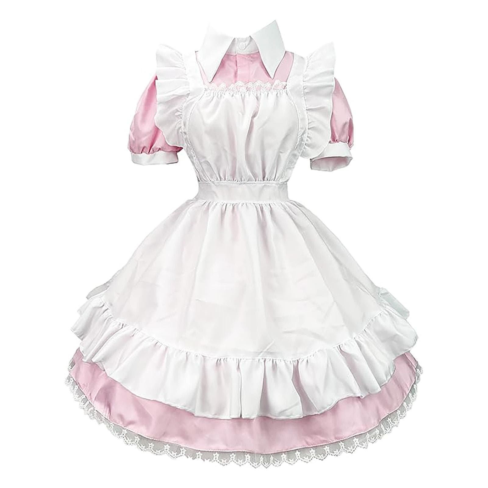 Maid Outfit Short Sleeve Anime Maid Apron Fancy Dress Cosplay Costume with Headdress for Party L pink