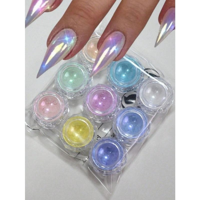 9-Colors Mermaid Chrome Nail Powder ,9pcs Aurora Mermaid Chrome Nail Art Dusts High Glossy Holographic Glimmer Pigment For Nail Decoration 9pcs