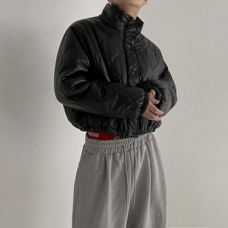 Short Leather Jacket, Cotton Coat, Thickened Coat, Men's Winter Korean Style Loose Niche Stand Collar Cotton Coat 2XL black