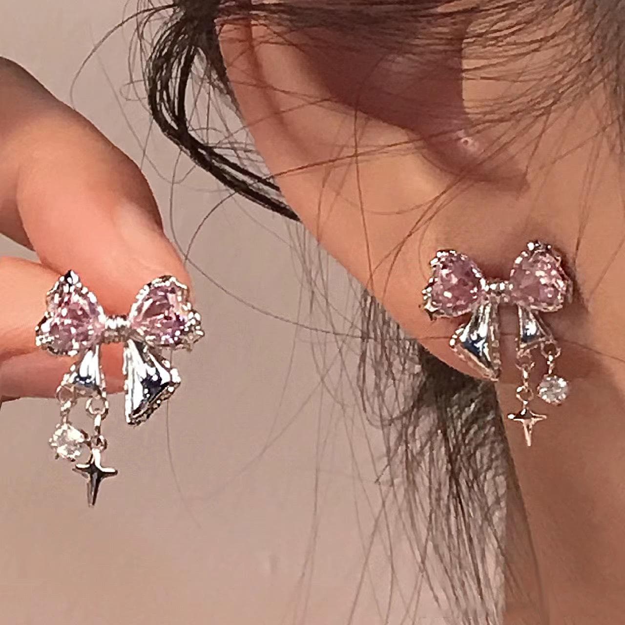 Bow Zirconia Stud Earrings Women's Fashion Korean Pink Crystal Statement Earrings Gift pink