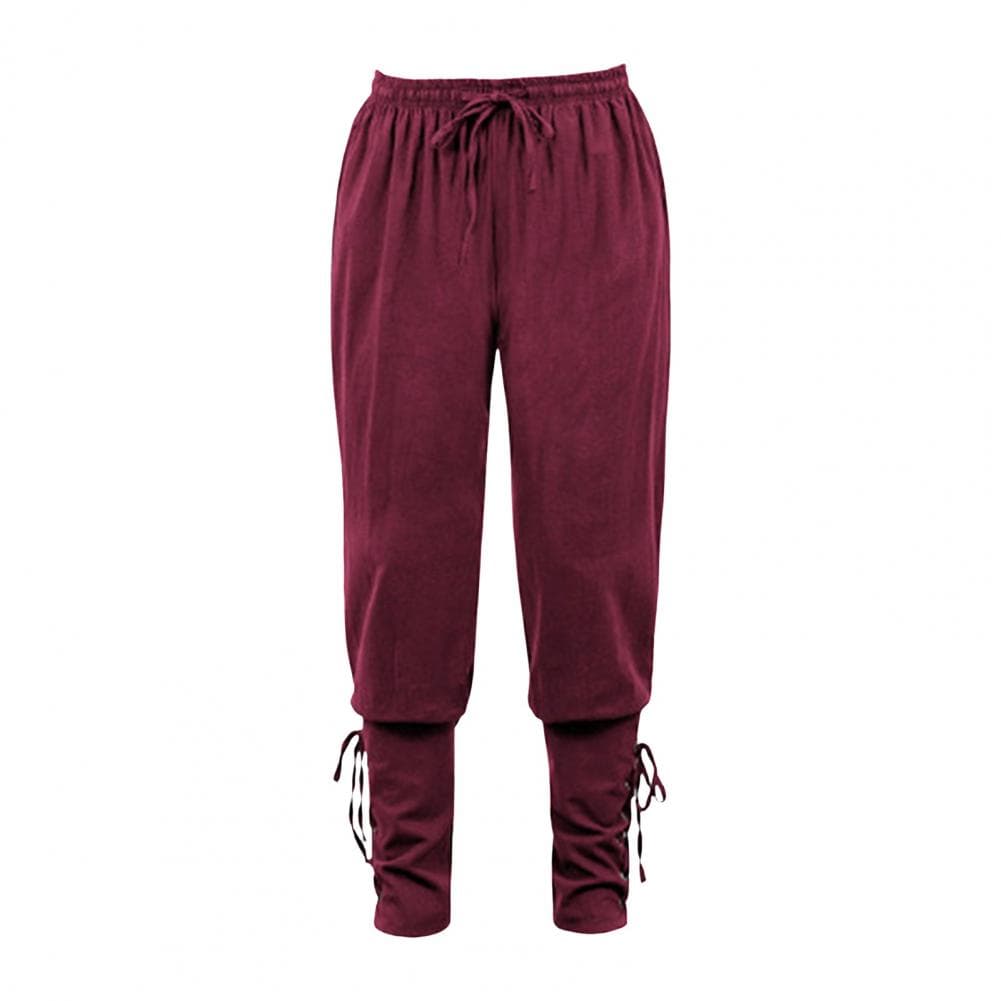 Men Pants Medieval Vikings Pirate Ankle-banded Lace-up Strap Elastic Waist Pleated Loose Solid Color Cropped Trousers Cosplay XXL wine red