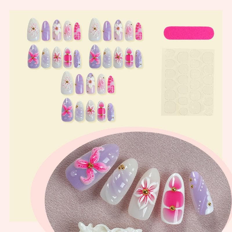 30pcs Almond Shaped Press On Nails,Nail Stickers, 3D Flower Decor,  Steel Ball Embellished, Full Coverage False Nails,For Women Girls Daily Wear