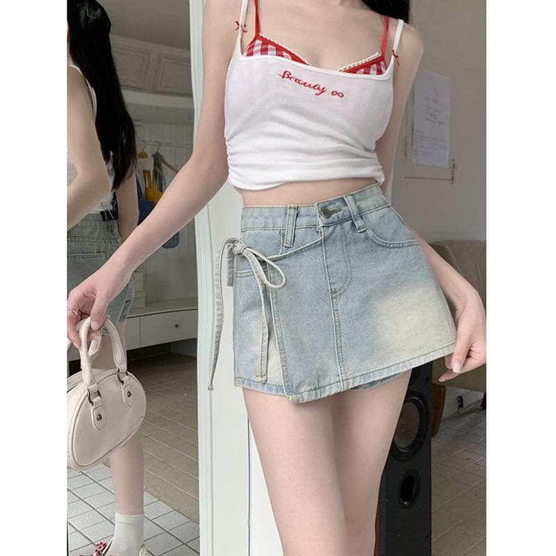 Fake Two-piece Denim Shorts for Women In Summer A-line High-waist Irregular Fashionable Strap Skirt Pants XL