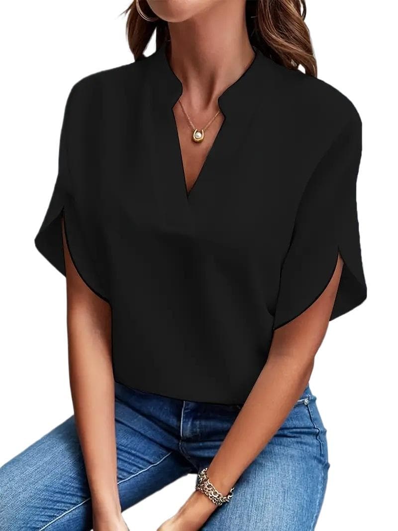 GMXIA Women's Fashion Casual Summer Solid Color Print Short Sleeve V-Neck Blouses & Shirts M black