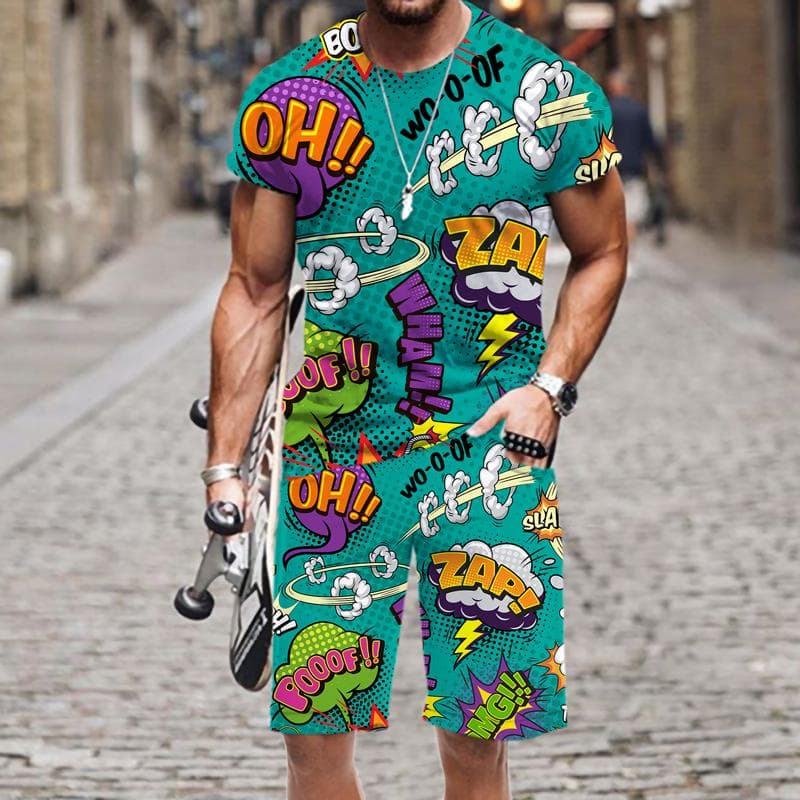 Summer Men's T-Shirt Set Hip Hop Funny Short Sleeve T-Shirt Shorts 2-piece Tracksuit Colorful Casual Sports Suit Unisex Clothing 6XL