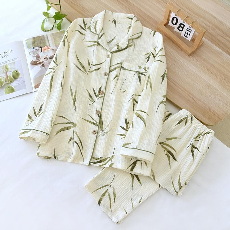 Spring and Autumn Women's Pajama Set 100% Cotton Crepe Long Sleeved Pants Two Piece Cute and Sweet Home Fury Set Ladies M