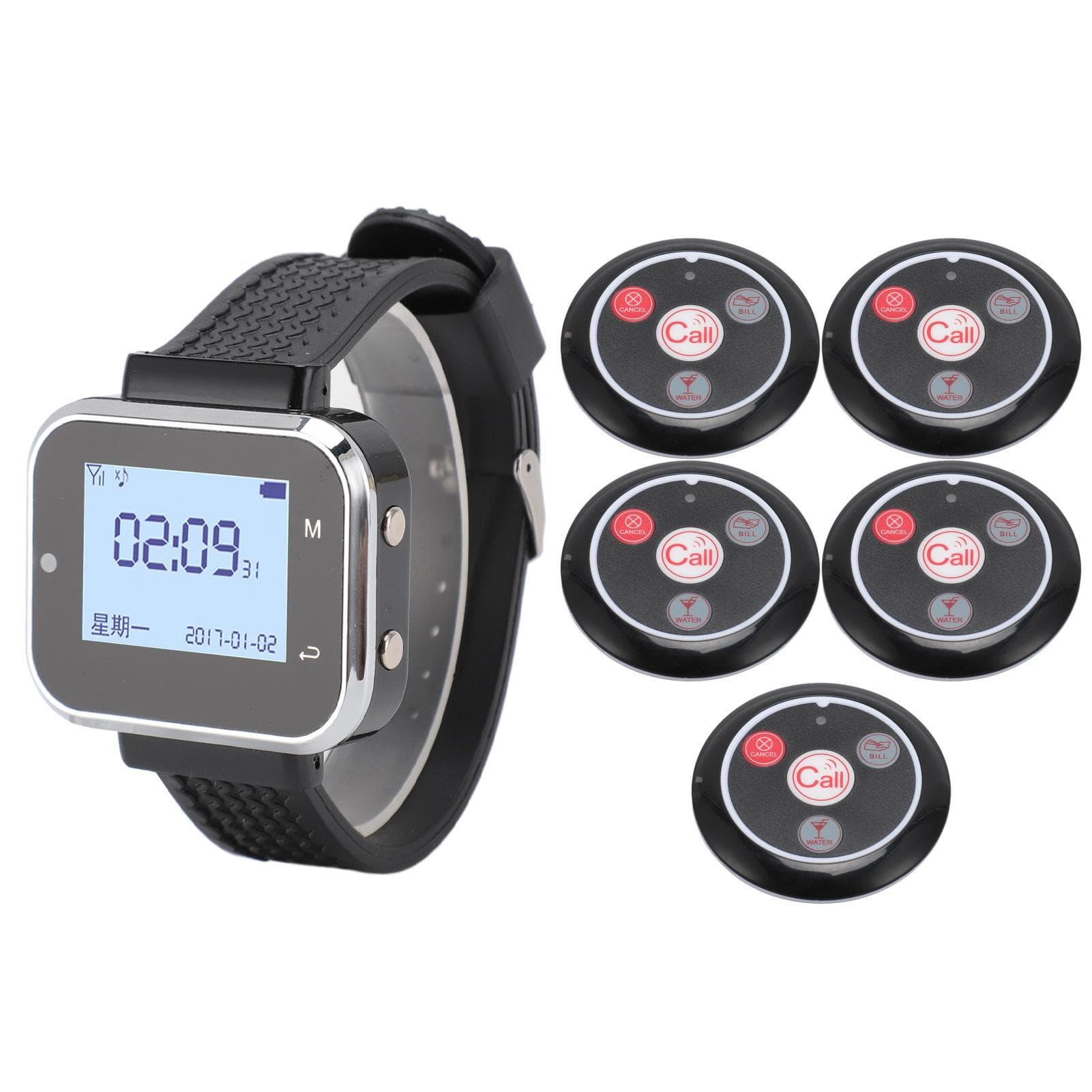 Wireless Calling Pager System 1 Rechargeable Watch Receiver 5 Pagers for Restaurant Hospital Office EU Plug