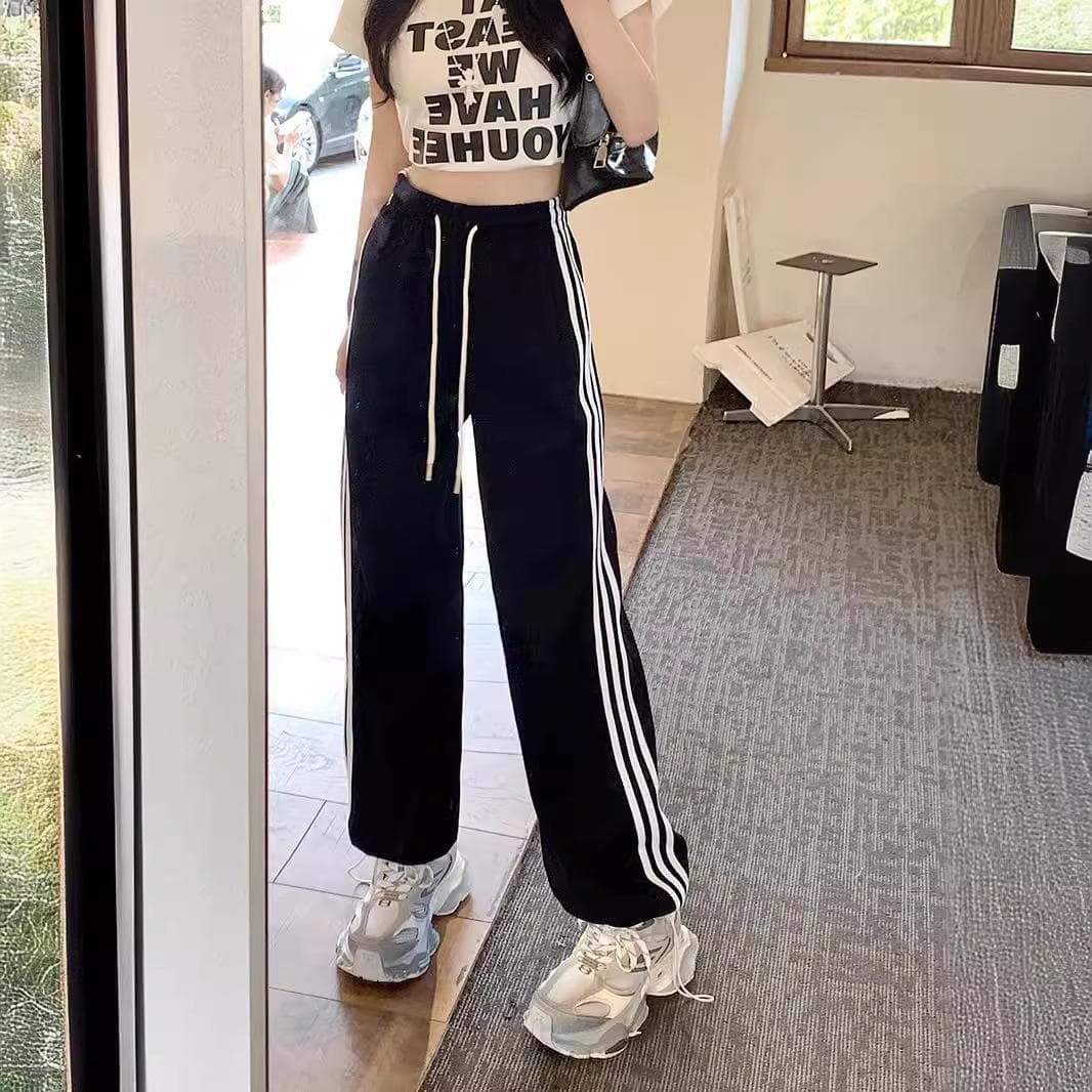 New Summer Style White and Gray Side Striped Trousers for Women Wide-leg Pants Casual Loose Straight Sports Pants Drawstring Sweatpants 4XL